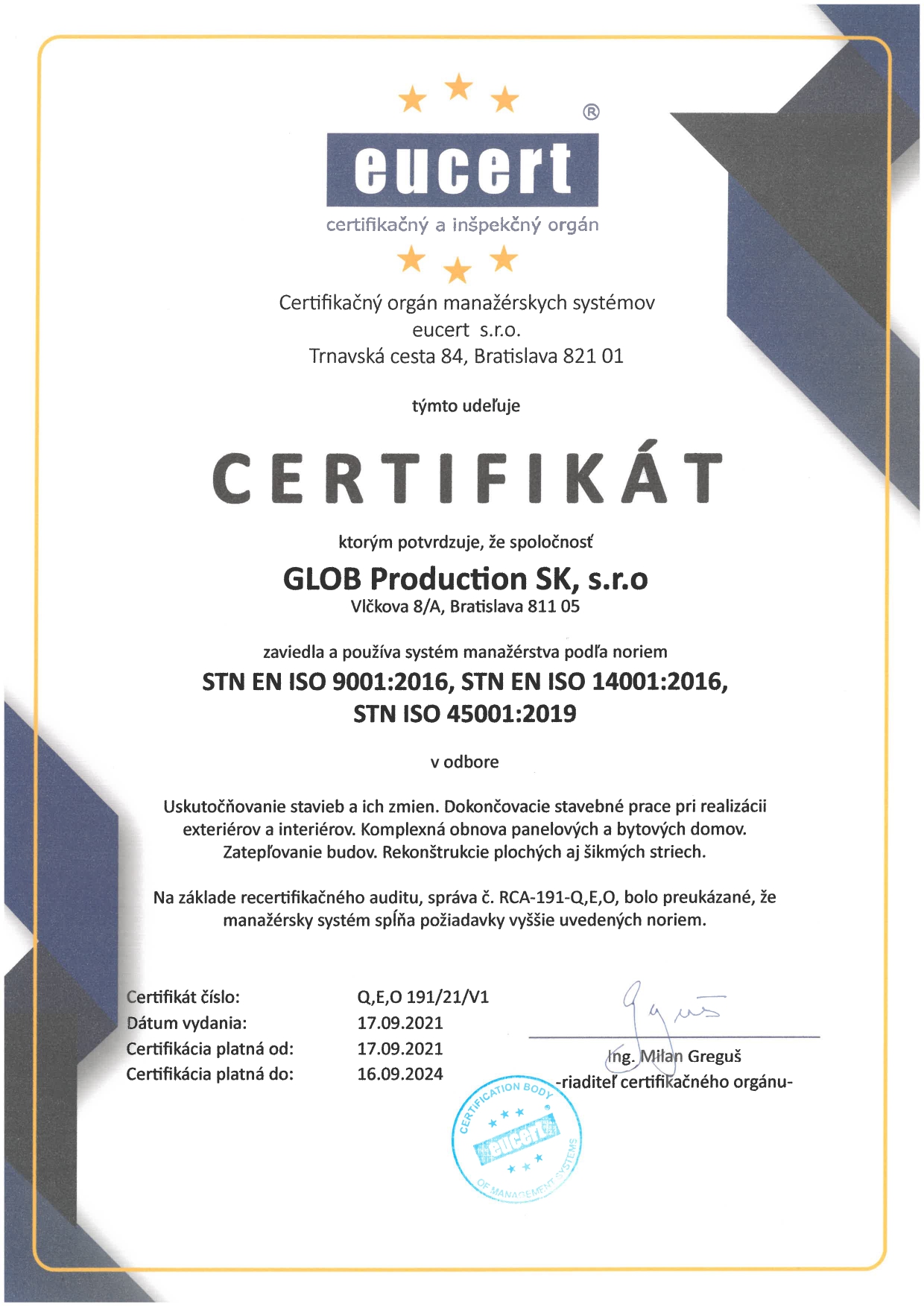 ISO STN 9001:2016, 14001:2016, 45001:2019 SK 